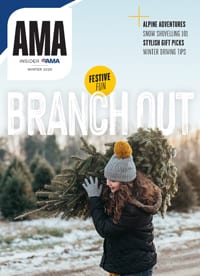 Cover of AMA Insider Magazine winter 2020 with teen girl carrying cut Christmas tree.