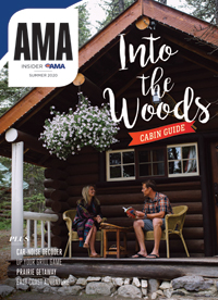 Cover of AMA Insider Magazine summer 2020 with a couple sitting on the porch of a cabin in the woods.