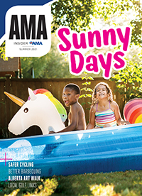 AMA Insider summer 2021 cover with two smiling kids in inflatable pool with ride-on unicorn