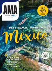 Cover of AMA Insider Magazine fall 2016 with a woman swimming in a cove in Mexico.