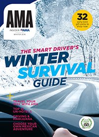 Cover of AMA Insider Magazine winter 2016 with a car driving on a road in winter.