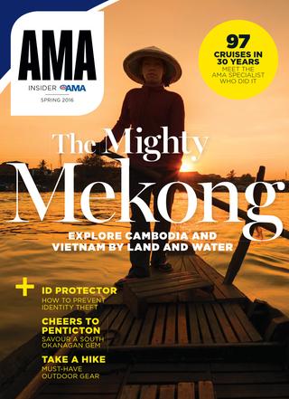 Cover of AMA Insider Magazine spring 2016 with a man paddling a boat in the Mekong river.