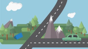 flat illustration of green car driving past forest and mountains to depict alberta auto insurance rates