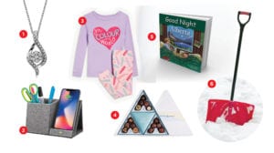 Group of gift products including diamond pendant, pajamas and box of chocolates