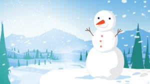 illustrated winter scene with smiling snow person