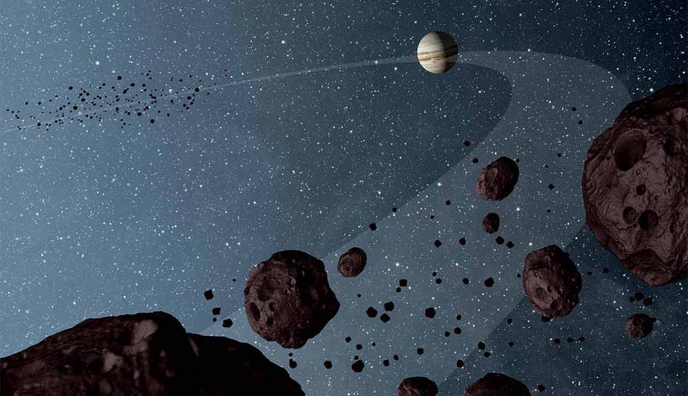 CGI illustration of asteroid belt in outer space