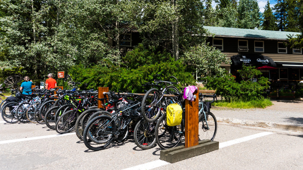 Bike rack full of bicycles outside Johnston Canyon Lodge off the Bow Valley Parkway 
