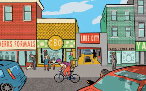 Illustrated main street with various storefronts representing alberta small businesses