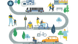 illustration of diverse roadway with cyclists, drivers, busses and other road users depicting vision zero in Alberta